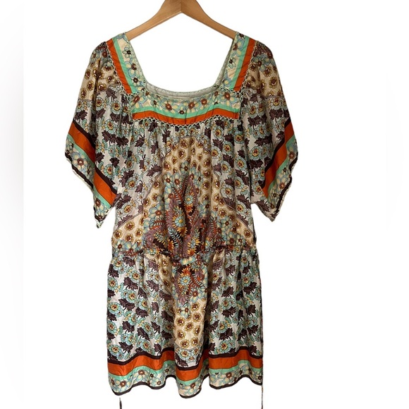 Johnny Was Womens 100% Silk Floral Print Square Neck Boho Midi Dress Size‎ L